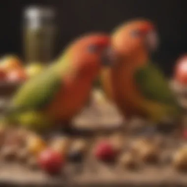 Nutritional Variety for Lovebirds Close-up of healthy seeds and fruits for lovebirds