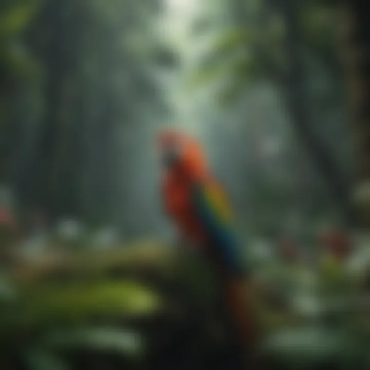 A panoramic view of a lush rainforest habitat where macaws thrive.