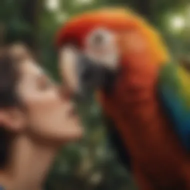 A close-up of a macaw interacting with its owner, highlighting their social behavior.