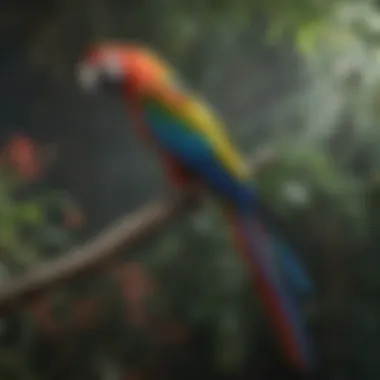 A vibrant macaw perched on a branch, showcasing its colorful feathers.