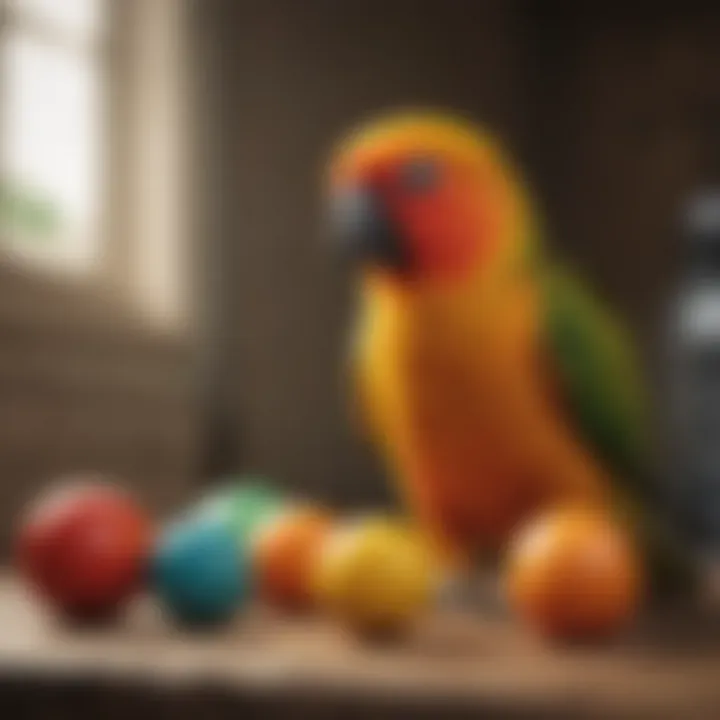 A playful sun conure engaging with a toy, reflecting its lively personality