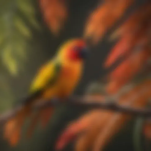 A vibrant sun conure perched on a branch showcasing its colorful feathers