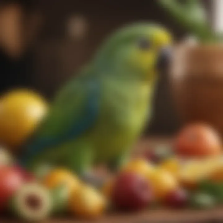 A close-up of a parakeet sampling colorful fruits