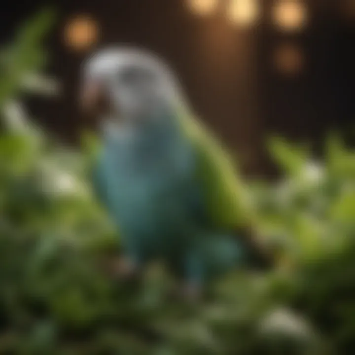 A parakeet enjoying fresh leafy greens