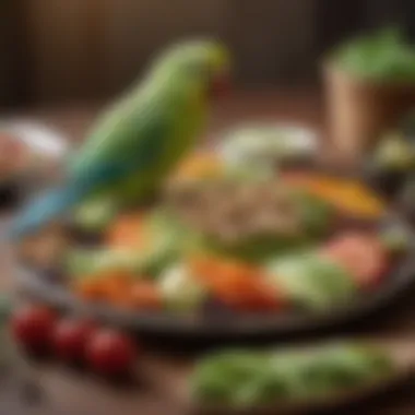 A pet owner thoughtfully arranging a fresh food platter for a parakeet