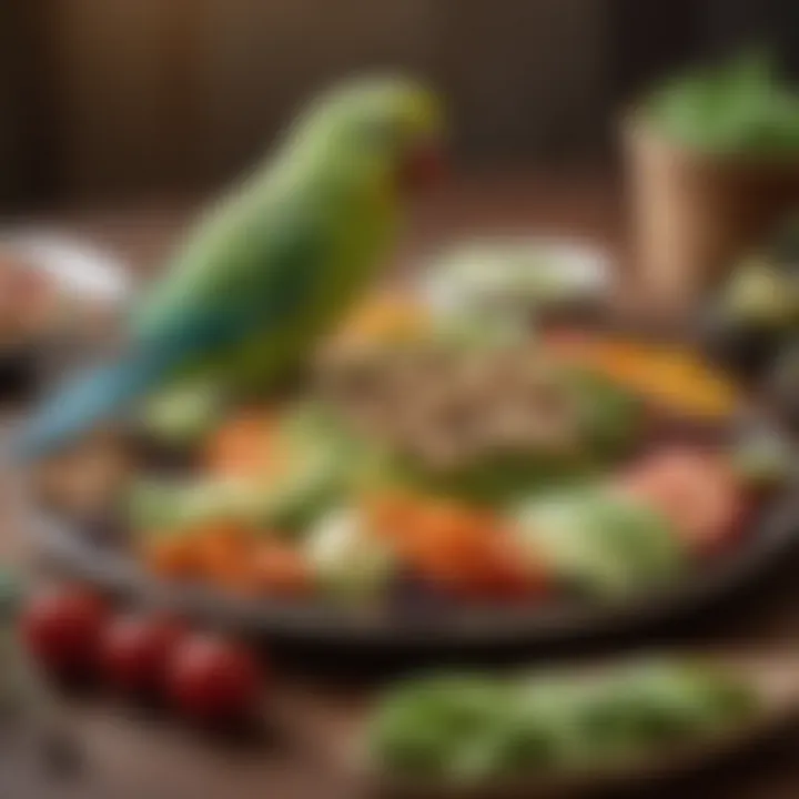 A pet owner thoughtfully arranging a fresh food platter for a parakeet