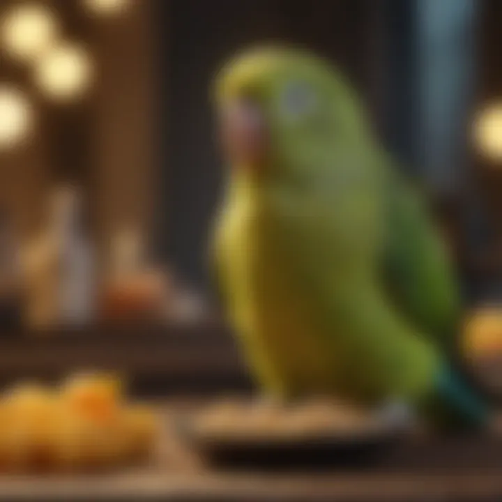 A parakeet enjoying its nutritious meal in a vibrant setting