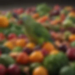 A variety of fresh fruits and vegetables suitable for parakeets