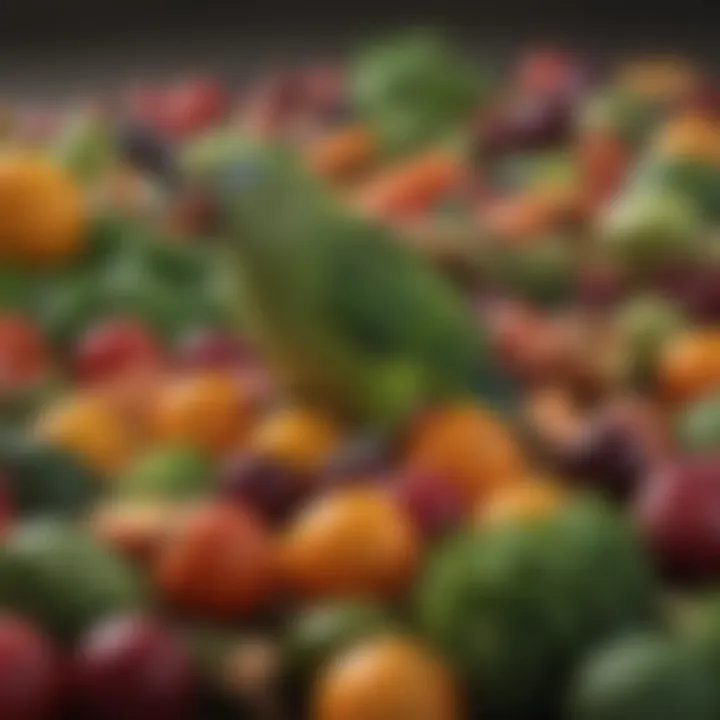 A variety of fresh fruits and vegetables suitable for parakeets