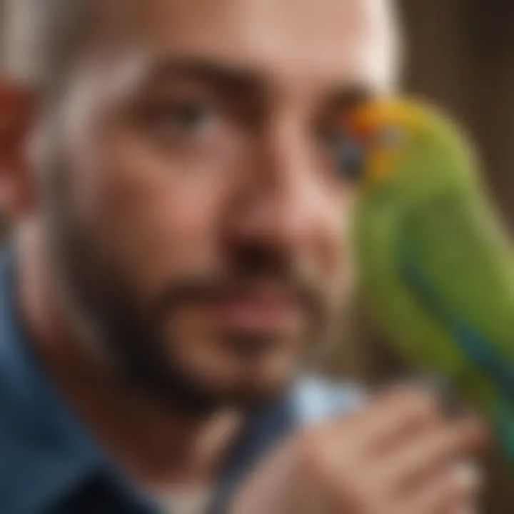 A parakeet owner engaging with their pet, highlighting the bond and care involved.