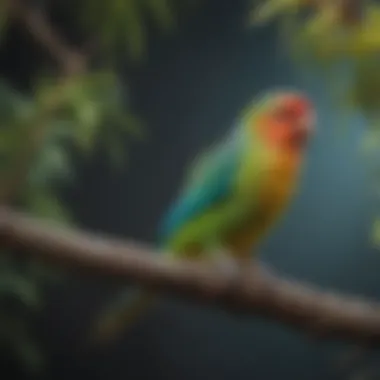 A colorful parakeet perched on a branch, showcasing its vibrant feathers.