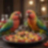 Colorful parakeets enjoying their food in a vibrant dish