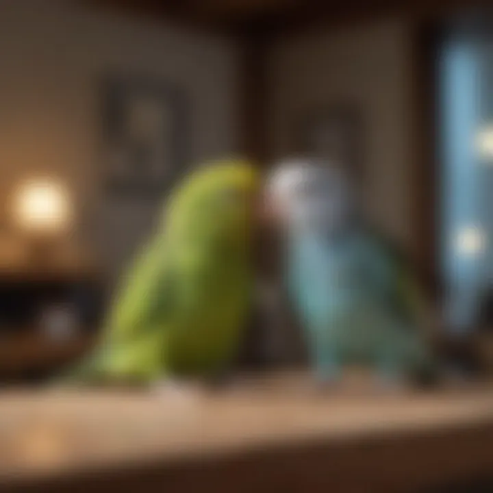 A parakeet owner engaging with their pet in a cozy living space