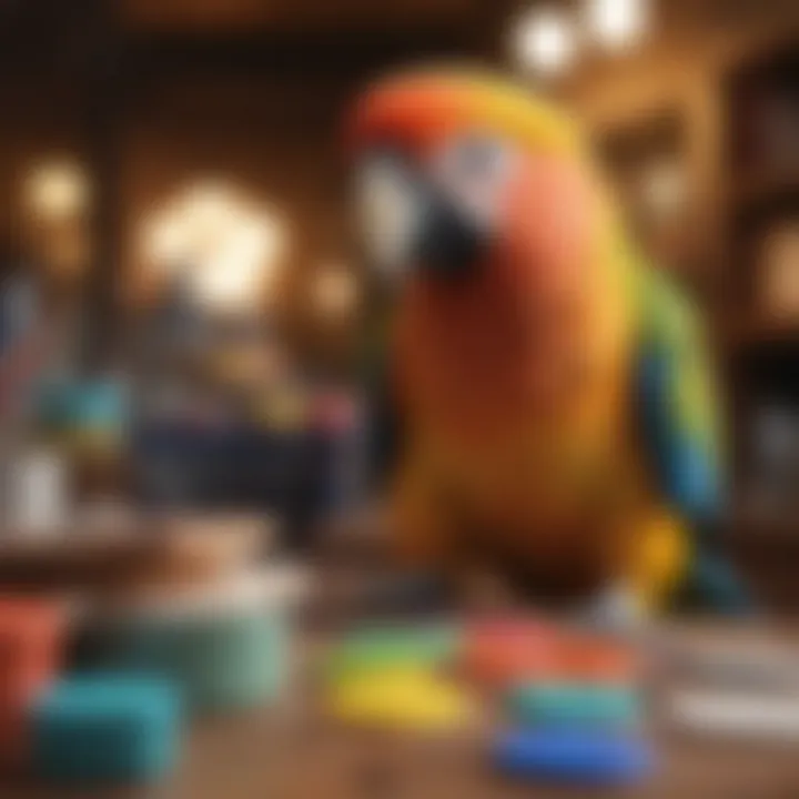 Parrot engaging in play with colorful art materials