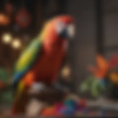 Vibrant parrot perched on a colorful art piece