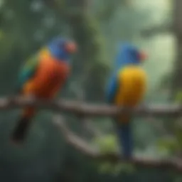 Colorful pet birds perched on a branch