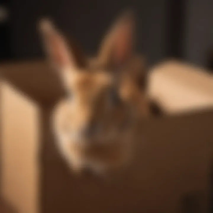 A close-up of a bunny exploring a cardboard box, highlighting its curiosity.