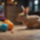 A bunny playing with a colorful toy, showcasing its playful nature.