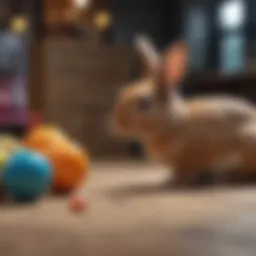 A bunny playing with a colorful toy, showcasing its playful nature.