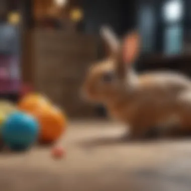 A bunny playing with a colorful toy, showcasing its playful nature.