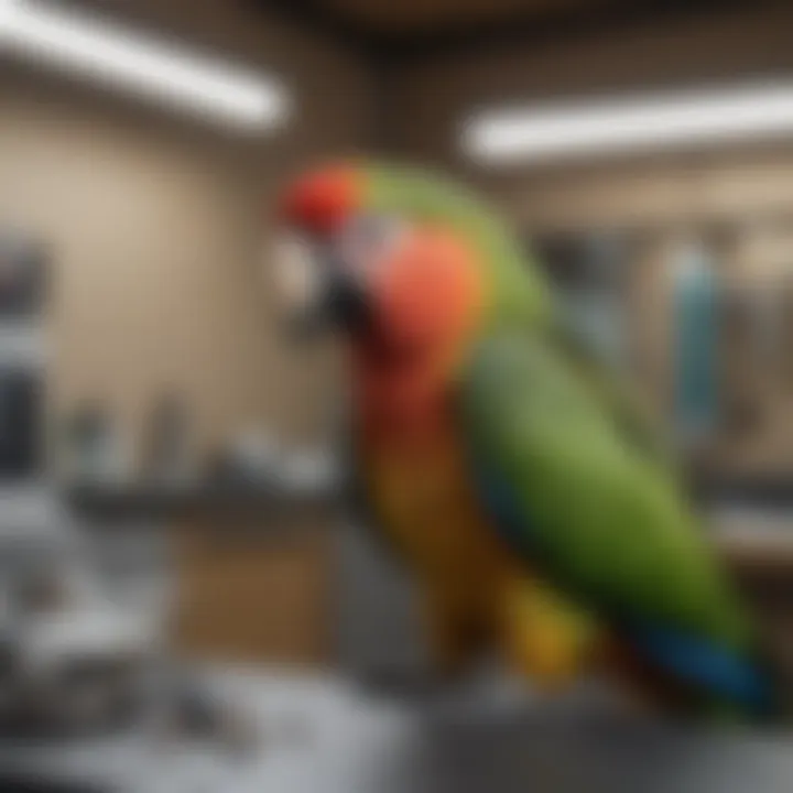 A vibrant parrot undergoing a health check at an avian vet hospital.