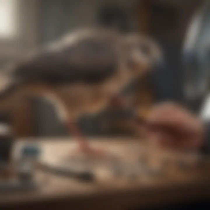 An avian veterinarian examining a bird with specialized tools.