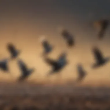 Close-up of starlings in synchronized flight formation