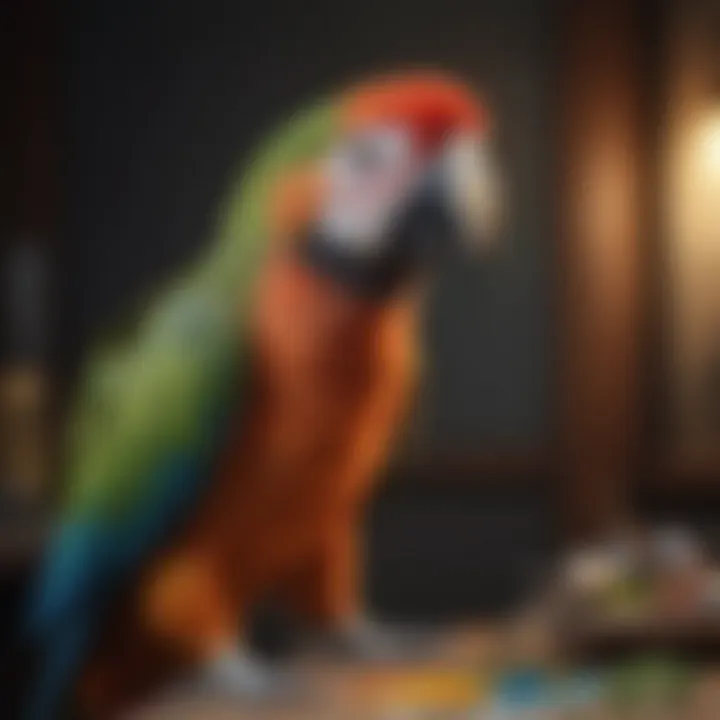 An artist capturing the essence of a parrot with a brush and palette.