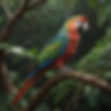 A beautifully painted parrot perched on a branch surrounded by lush foliage.