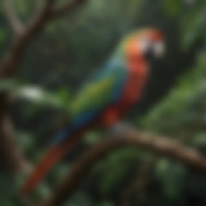 A beautifully painted parrot perched on a branch surrounded by lush foliage.