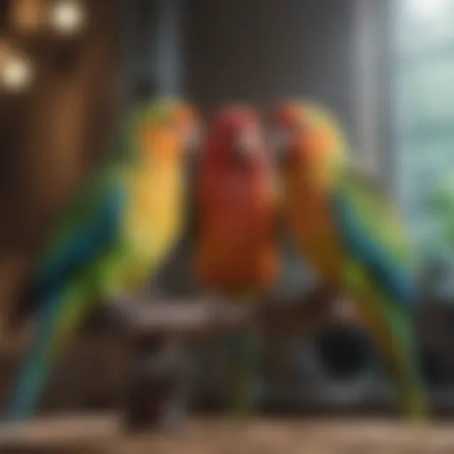 Colorful parakeets perched together in a vibrant environment