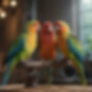 Colorful Parakeets in a Vibrant Setting Colorful parakeets perched together in a vibrant environment