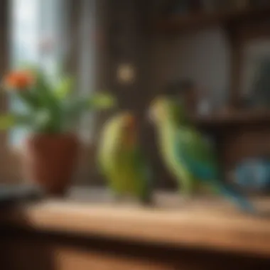 A person interacting with a parakeet in a cozy home setting