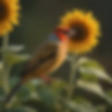 A charming finch perched on a sunflower, with a bright backdrop.