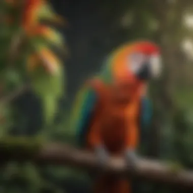 A vibrant parrot perched on a branch, showcasing its colorful feathers.