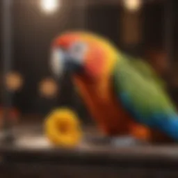 Colorful parrot preening toy in a vibrant cage