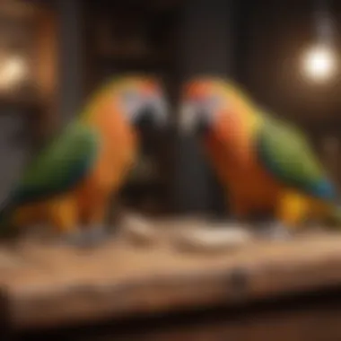 Natural Wood Toy for Parrot Engagement Parrot engaging with a natural wood preening toy