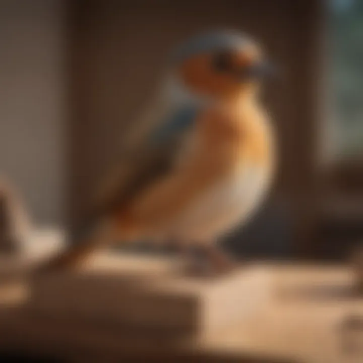 A well-groomed bird enjoying time on a sandpaper perch in its cozy cage.