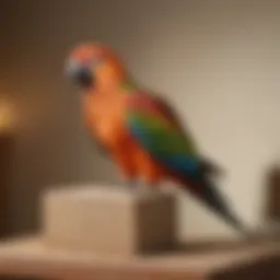 A vibrant parrot perched on a sandpaper bird perch showcasing its healthy feet.