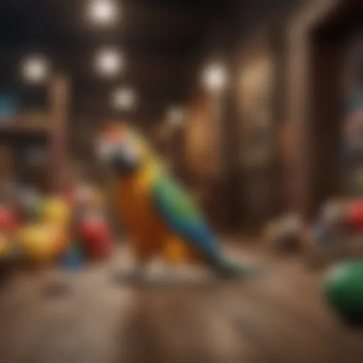 A vibrant assortment of colorful parrot toys displayed.