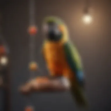 Parrot Enjoying a Swinging Toy A joyful parrot interacting with a swinging toy, reflecting playful behavior.