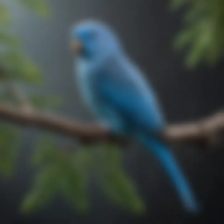 A majestic blue parakeet perched on a branch, showcasing its vibrant feathers.