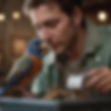 Owner and Bird Connection An owner gently placing their bird into a carrier, highlighting the bond between them.