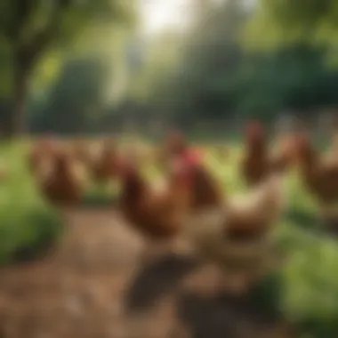 Free-Range Chickens in Their Natural Habitat An idyllic farm scene featuring free-range chickens in a lush green environment.