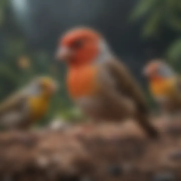 A collage of various finch species illustrating their distinctive behaviors and interactions.