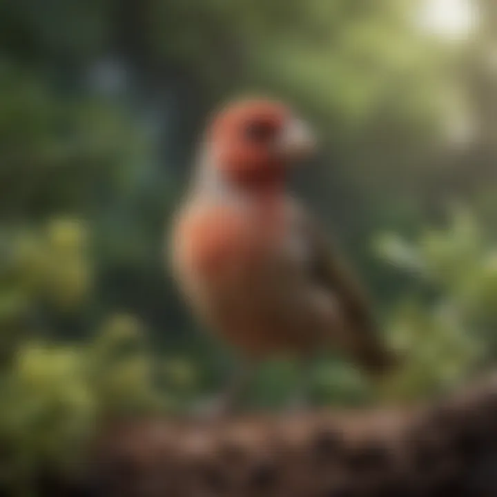A close-up of a finch in its natural habitat, surrounded by native flora.