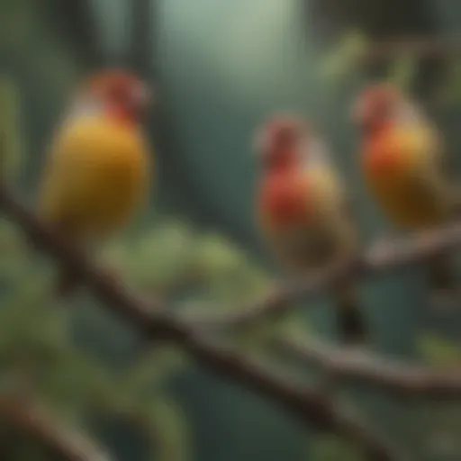 A vibrant array of finch species perched on branches, showcasing their unique colors and markings.