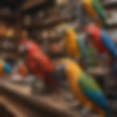 An array of colorful artificial parrots in a shop