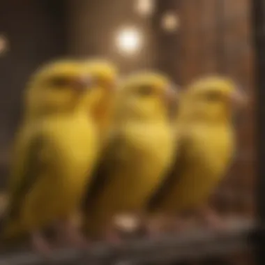 A group of canaries singing together in a bright cage