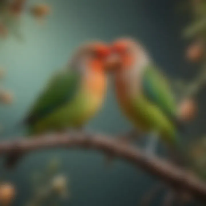 A lovebird cuddling with another lovebird on a branch